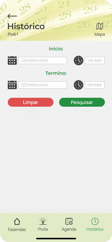 Lista contendo um histórico vazio de irrigação de um pivô.