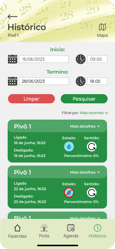 Lista contendo o histórico de irrigação de um pivô.