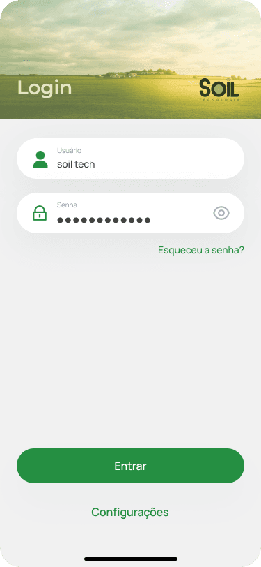 Tela de login com botão de login, configurações e redefinição da senha.