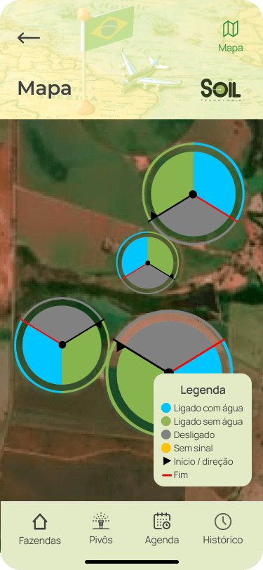 Mapa que mostra os pivôs de um fazenda e uma legenda que explica o estado dos pivôs.