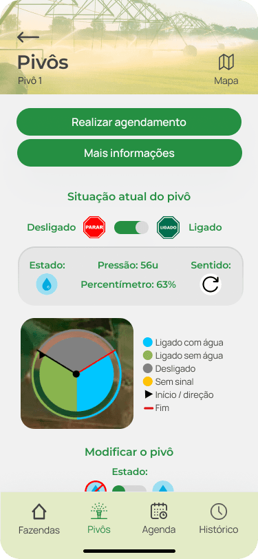 Tela de controle e monitoramento de pivôs. O pivô está ligado.